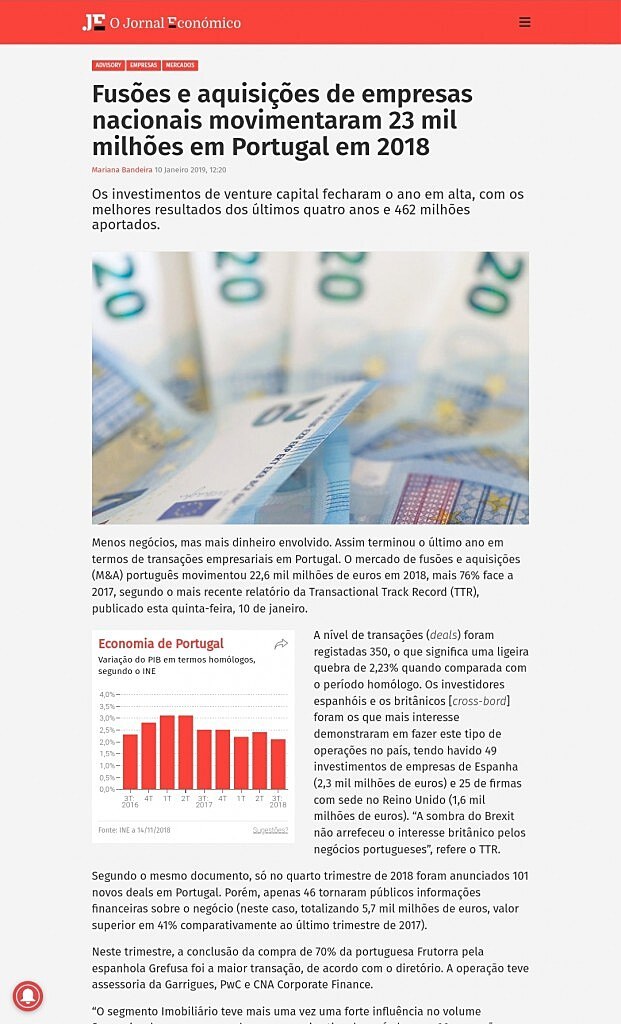 Fuses e aquisies de empresas nacionais movimentaram 23 mil milhes em Portugal em 2018